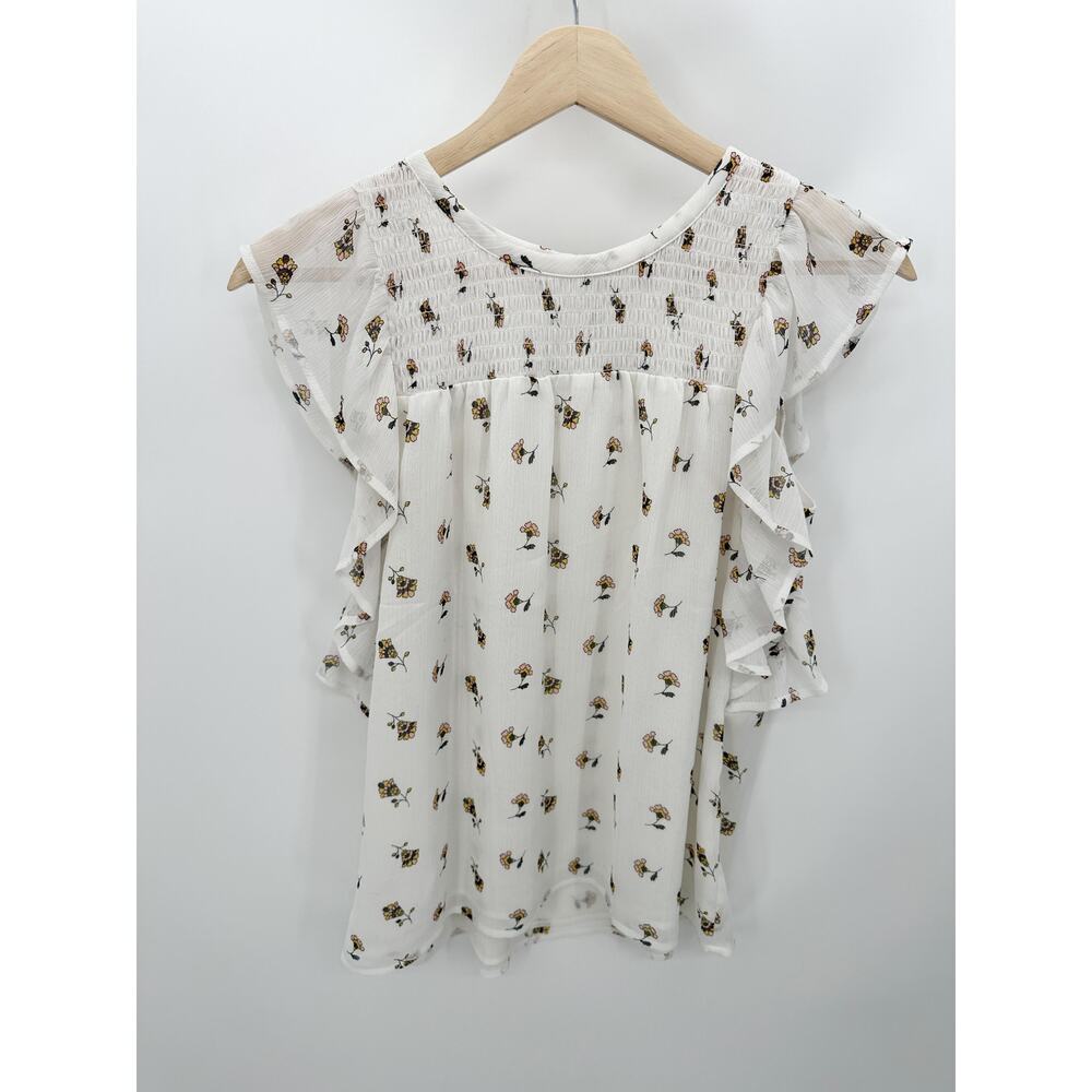 LOFT Women‎ XS Petite White Floral Smocked Yoke Flutter Sleeve Blouse 566066
